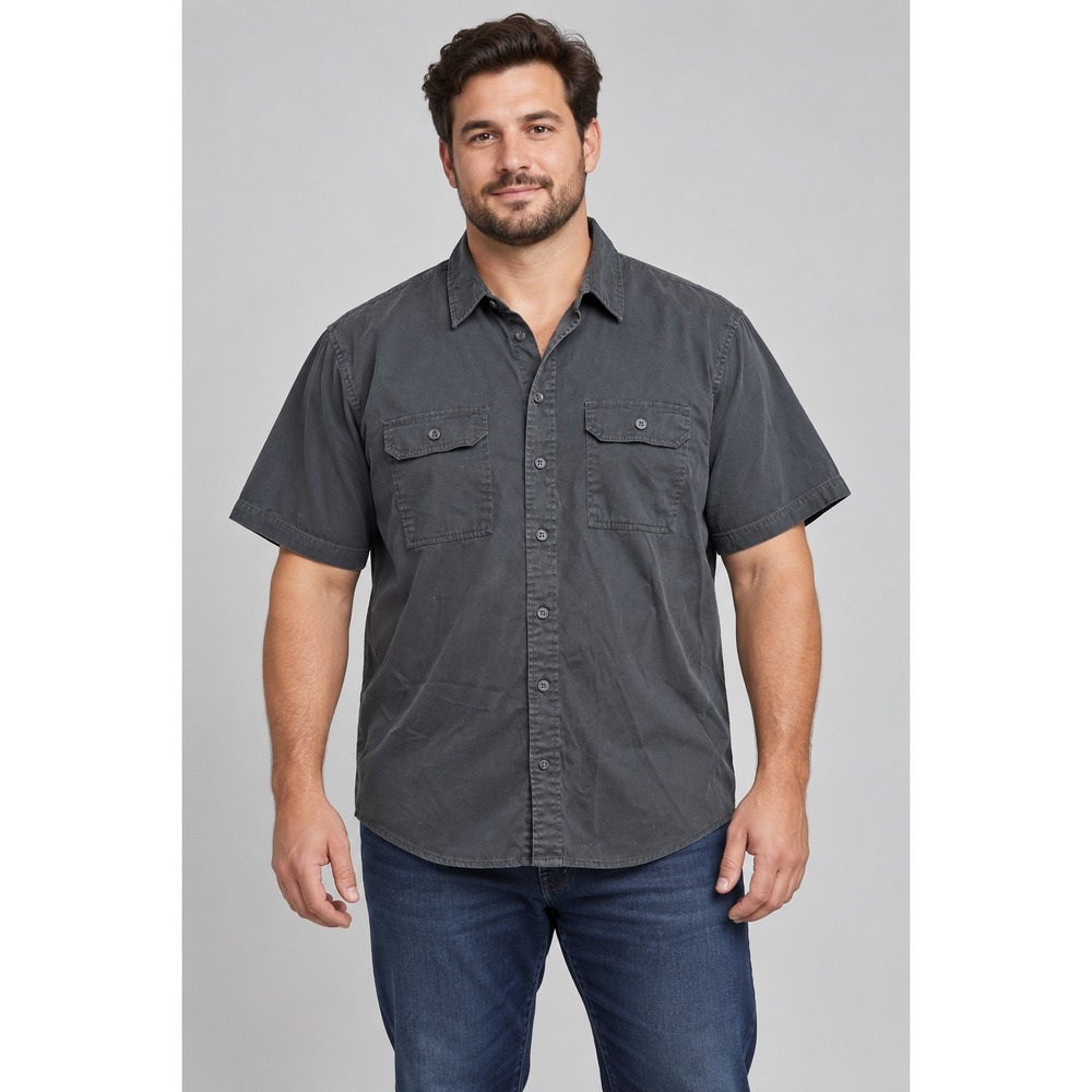Wrangler Mens XL Short Sleeve Button Down Shirt Gray Cotton Stretch Workwear